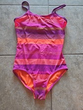 NWOT Girls Nike One Piece Swimsuit Neon Pink Orange Stripe Size 16