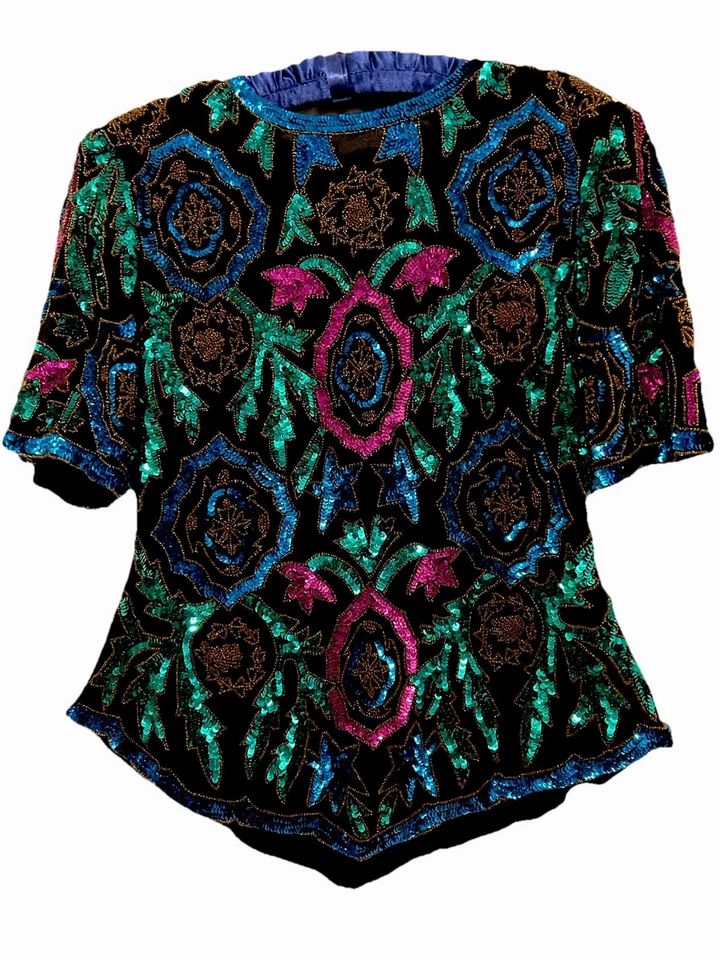 Blusa de Noche Verdadera Vintage Trofeo Esposa S Negra Colorida Lentejuelas Glamurosa Foto 3 de 4