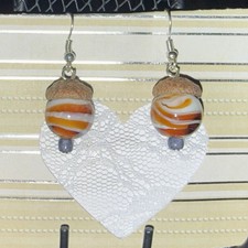 Brown & White Swirled Round Acorn Dangle Earrings