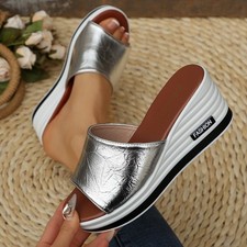 Womens Slip On Wedge Heel Mules Sandals Ladies Summer Casual Slippers Shoes SIZE