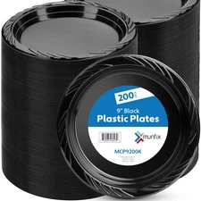 200 Black Plastic Plates Set - 9 Inch Disposable Dinner Plates Bulk Pack for ...