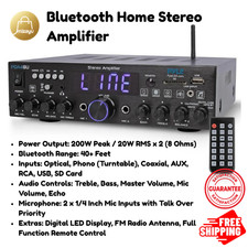 200W Bluetooth Home Stereo Amplifier - 7 Inputs, Karaoke Mic Priority, FM Radio,