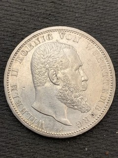 1908 F Wuerttemberg German Empire Silver 5 Mark Funf KM# 632 J# 176 William II