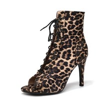 Women's Latin Dance Boots Peep Toe Ballroom Salsa Dancing Boot 7.5 Leopard