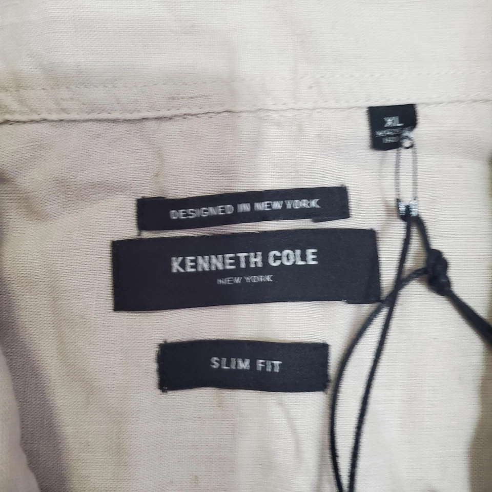 Kenneth Cole Shirt Mens XL Beige Linen Blend Camp Collar Slim Fit Short Sleeve - Image 3 of 4