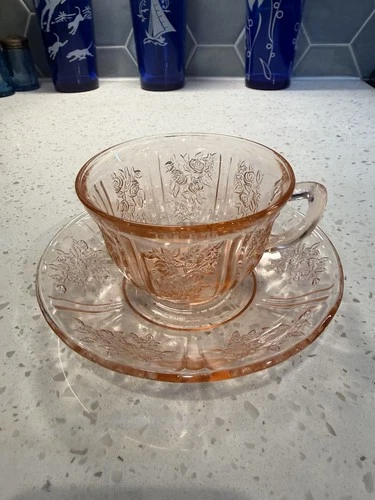 Federal Sharon Cabbage Rose Pink Tea Cup and Saucer Depression Glass