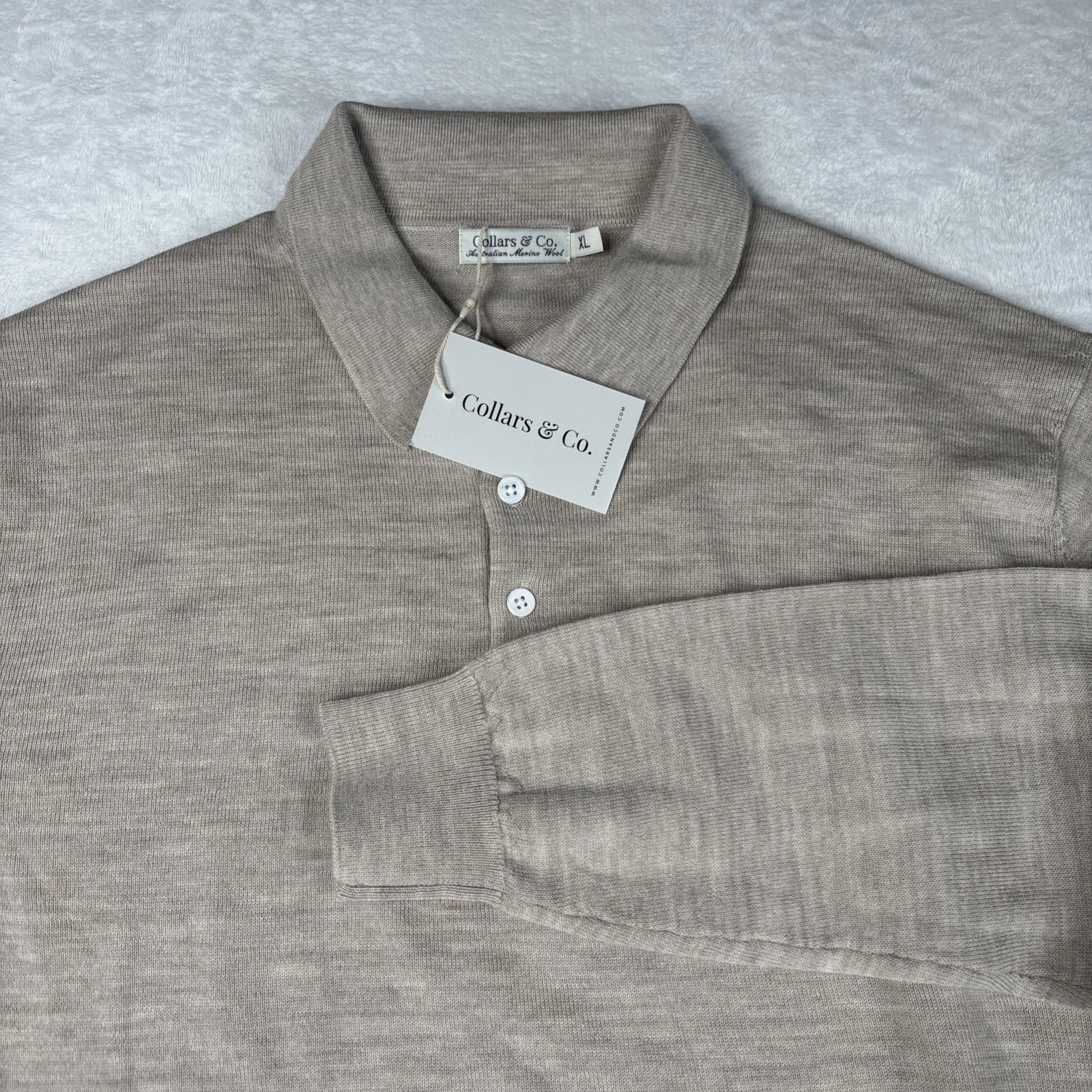 NWT Collars & Co Australian Merino Wool Men’s XL Tan Long Sleeve Polo Button