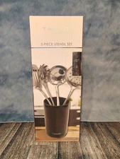 New Tahari Home 5 Piece Utensil Set. Crock, Ladle, Skimmer, Slotted Turner, Fork
