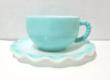 Vintage Hazel Atlas Aqua Turquoise Blue Crinoline Ruffled Ripple Cup & Saucer