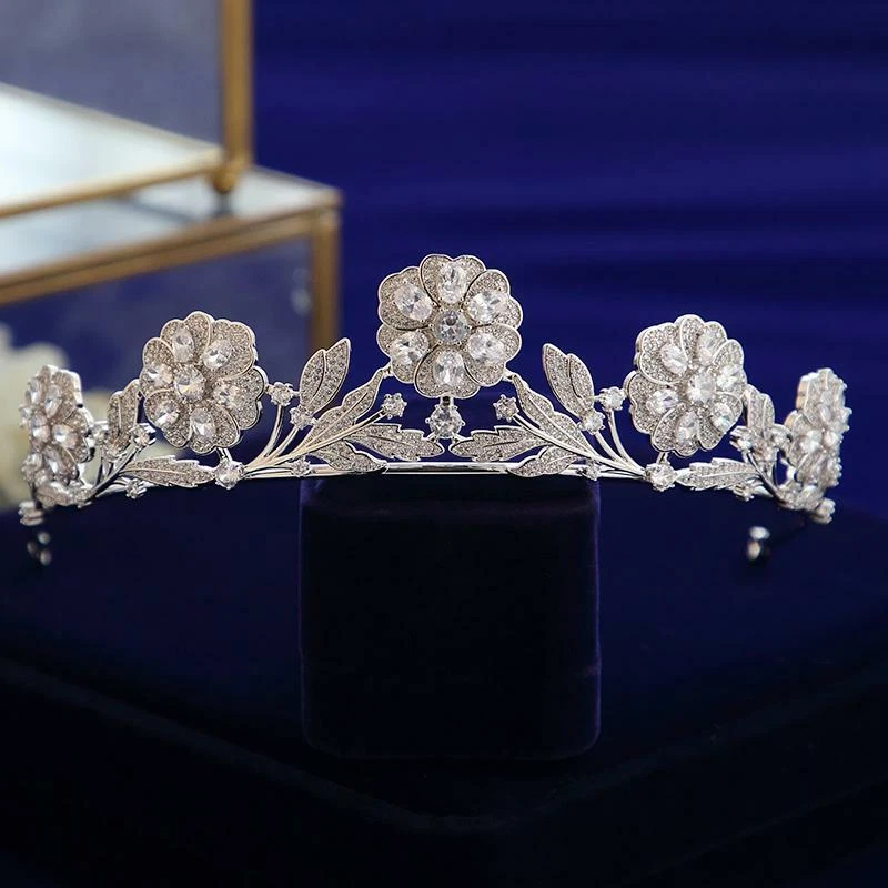 Flor Real Zircão Cúbico Coroas Tiaras de Noiva Cabelo Acessório de Casamento - Imagem 4 de 4