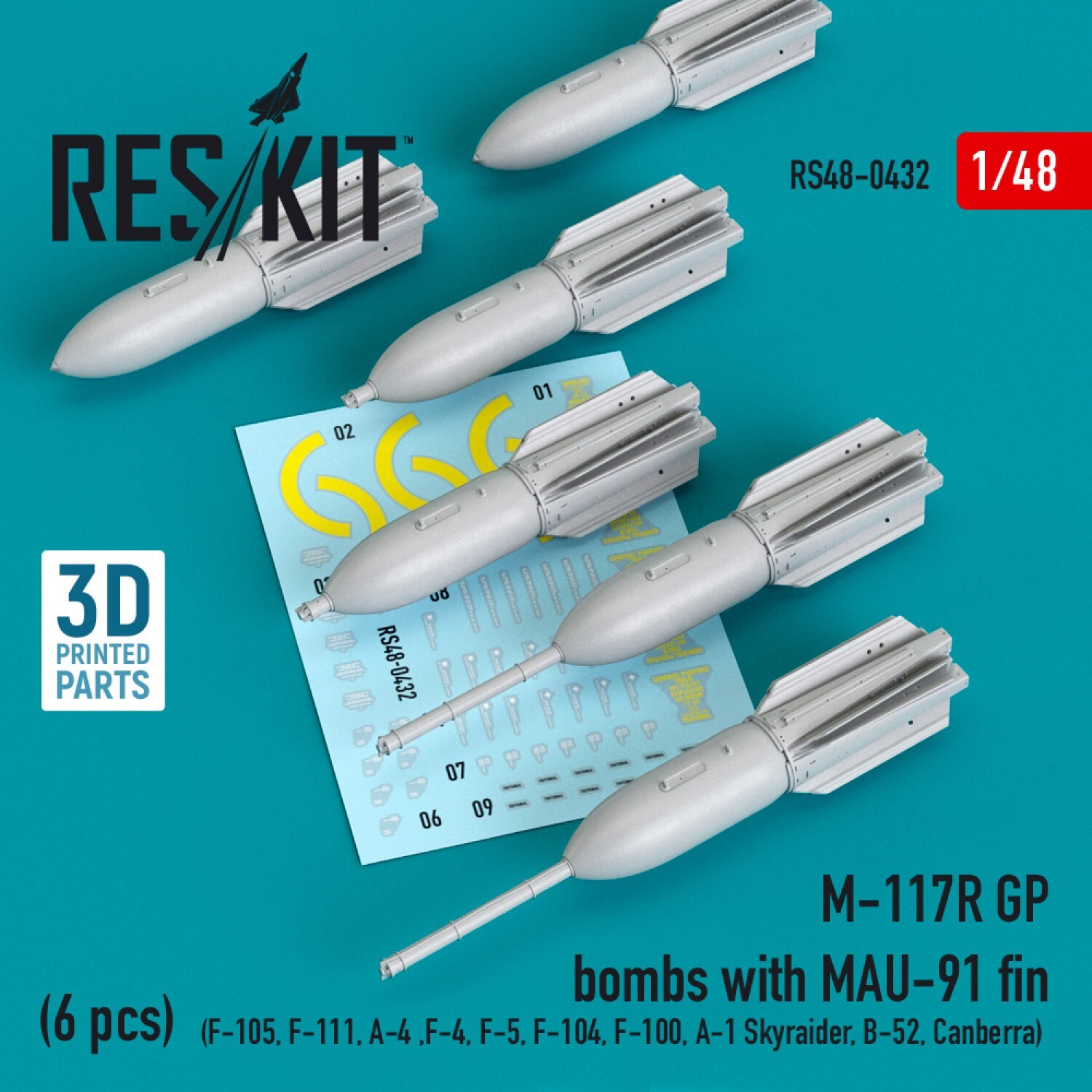 M-117R GP Bombs w/MAU-91 Fin (6) F-105 F-111 A-4 1/48 3D ResKit RS48-0432