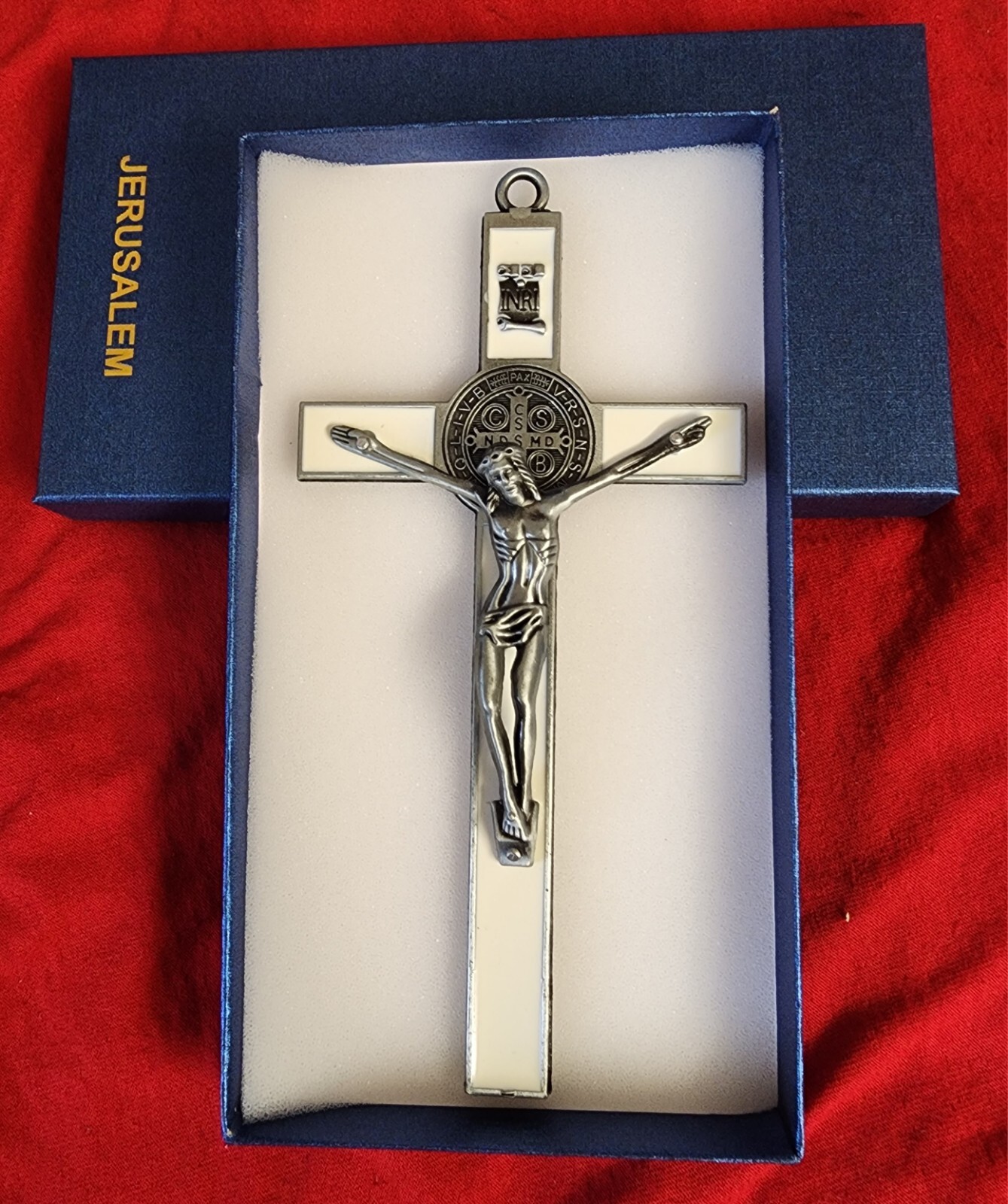 WHITE  Enamel metal  Wall Cross Saint Benedict  Crucifix 7×3.5 " new In Box 