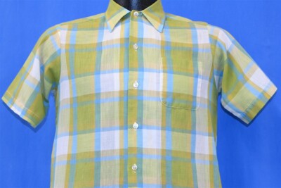 mens square bottom dress shirts vintage 60s SEARS GREEN BLUE CHECK PLAID SQUARE BOTTOM MEN'S BUTTON DOWN  SHIRT S