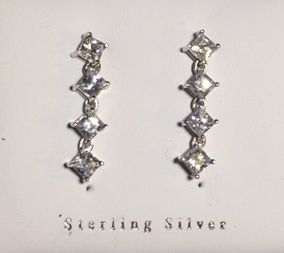 NEW Sterling Silver 925 Princess Cut CZ 1'' Long Link Drop Dangle Post Earrings