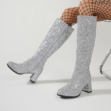 Women's Knee High Boots Glitter High Block Heel Shiny Zipper Sparkling Shoes Hot
