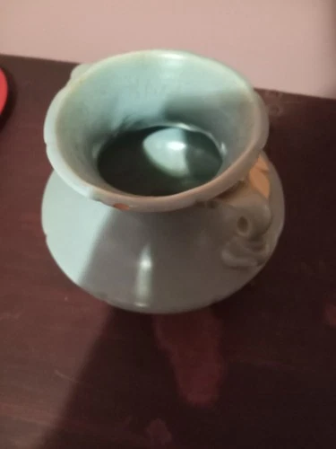 Vintage Weller Pottery F-2 Green Vase Apple Blossom Two Handles 1930s Crazing