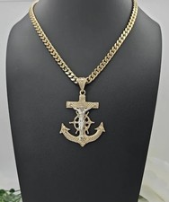Two-Tone Anchor Jesus Necklace: 14k Heavy Gold Plated, 7mm Cuban Chain