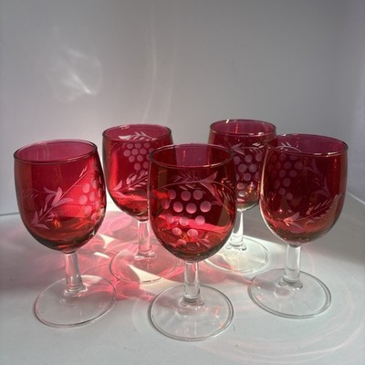 Red Cranberry/Ruby Flash Cut Glass Wine Glasses Set Of Five Vintage