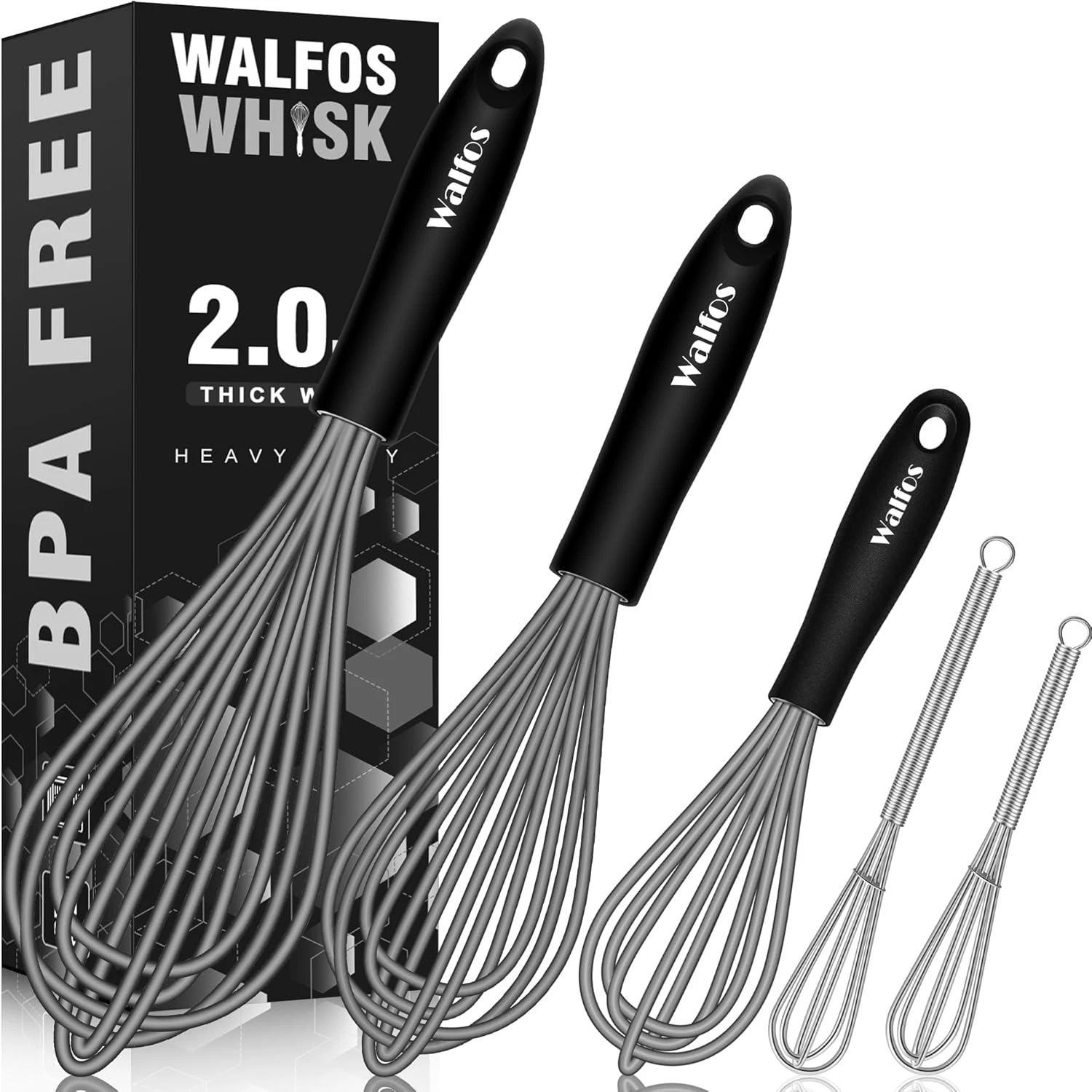 Whisk, Silicone Whisks Set of 5, Mini Stainless Steel Whisk 7In+5In and Non Scra