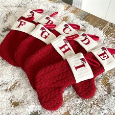 Christmas Stocking Knit Letter Monogram Red Initial A-Z Hanging Decor Mantel