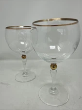 2 Vintage 1980’s Bohemia Crystal BOC42 Balloon Wine Glasses Gold Ball Stem & Rim