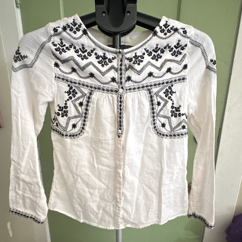 Zara Girls Embroidered Long Sleeve Button Blouse Round Neck White/Black 13/14