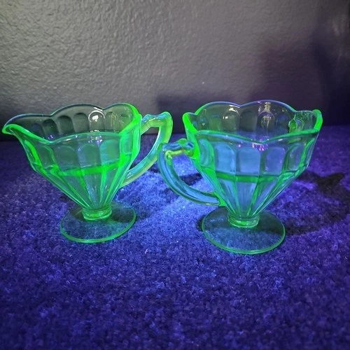 Uranium Green Creamer Sugar Glass Panel Green Depression Style 2 Piece Set Glow