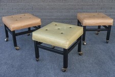 Mid Century Modern Flux Leather Vinyl & Brass Tufted Ebonized Rolling Foot Stool