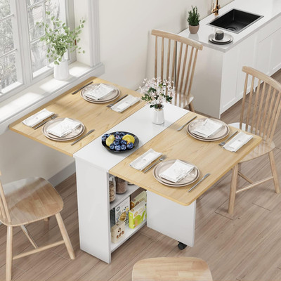 Space-Saving Folding Dining Table for 4 with Wheels and Storage Shelf