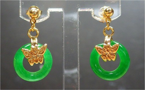 Genuine Green Jade Circle Yellow Gold Plated Butterfly Stud Dangle Earrings - Picture 3 of 6