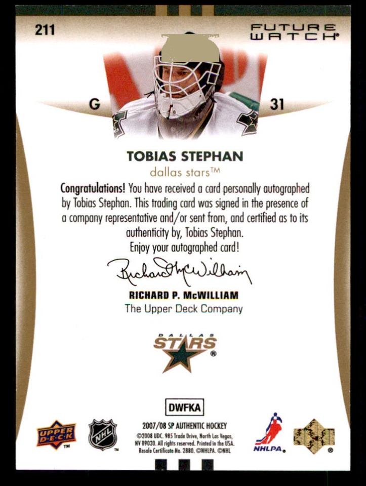 2007-08 SP Authentic #211 Tobias Stephan AU RC /999 (ref 240020) - Image 2 of 2