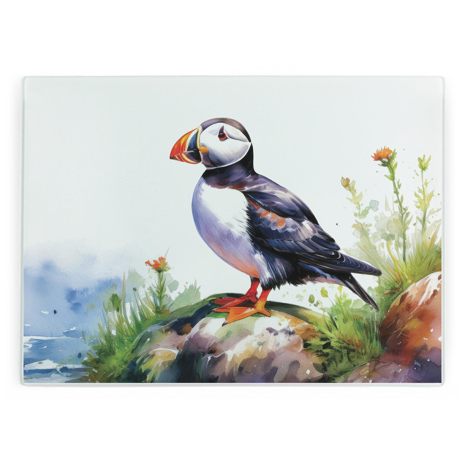 Puffins Glass Worktop Protector - Coastal Birds Kitchen Chopping Board Gift