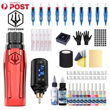 POSEIDON Tattoo Machine Kit Pen Gun Wireless Color Inks Needle Power Supply LED