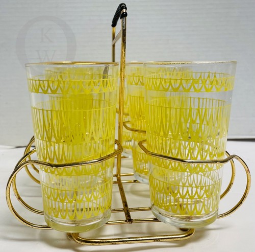 *Vintage*Yellow Glasses with Rack*Anchor Hocking*21005B S94 Mid Century Modern - Picture 2 of 6