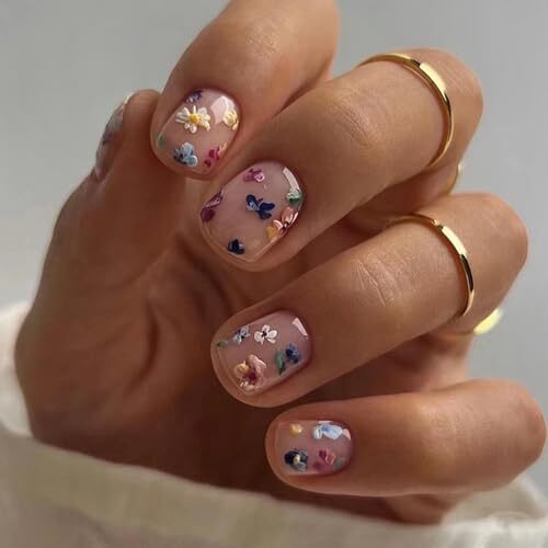 Short Press on Nails Cute Flowers Fake Nails Square Light Pink Acrylic A12 - Picture 1 of 7