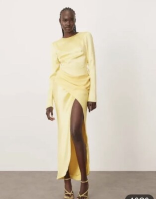 yellow dress with open back Andie Satin Maxi  Shop American Threads Women's Trendy Online Boutique Blue / M Wash Cold Arrange NWT Women's Plunging Back