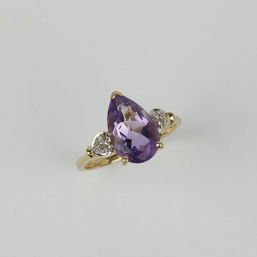 Vintage 14k Gelbgold, Tränenamethyst, Diamantring Größe 6,5