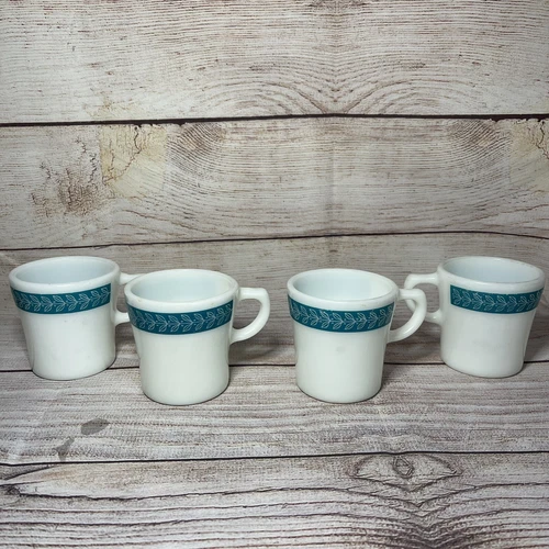 Vintage SET of 4 Pyrex Corning Laurel Leaf Teal Turquoise Milk Glass Mugs Cups