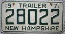 New Hampshire Nummernschild 1971 USA Kennzeichen US Trailer License Plate Schild