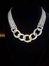 Premier Designs Silver & Rhinestone Curb Link Multi Strand Chain Choker Necklace