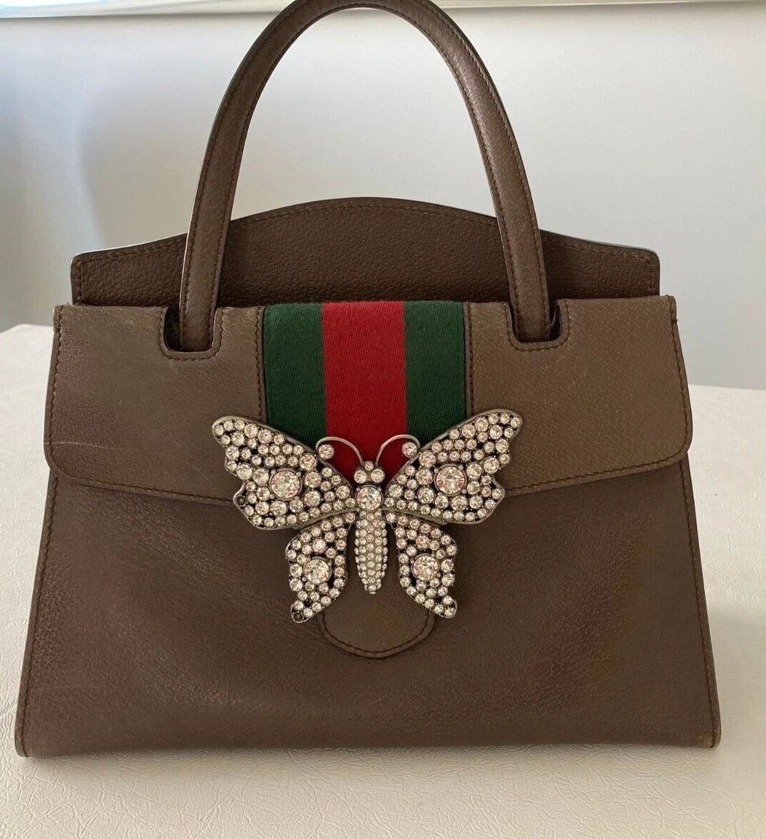 Gucci Linea Totem Butterfly Clasp Satchel Brown Calfskin Shoulder Bag