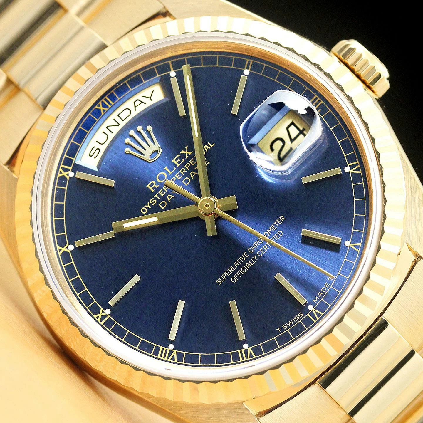 ROLEX MENS PRESIDENT DAY-DATE BLUE DIAL 18K YELLOW GOLD DOUBLE QUICKSET WATCH