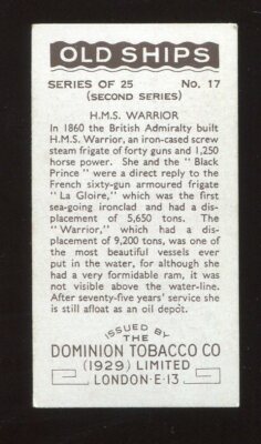 1935 Dominion Tobacco Old Ships 2nd ser 17 H.M.S Warrior sailboat Cigarette  card