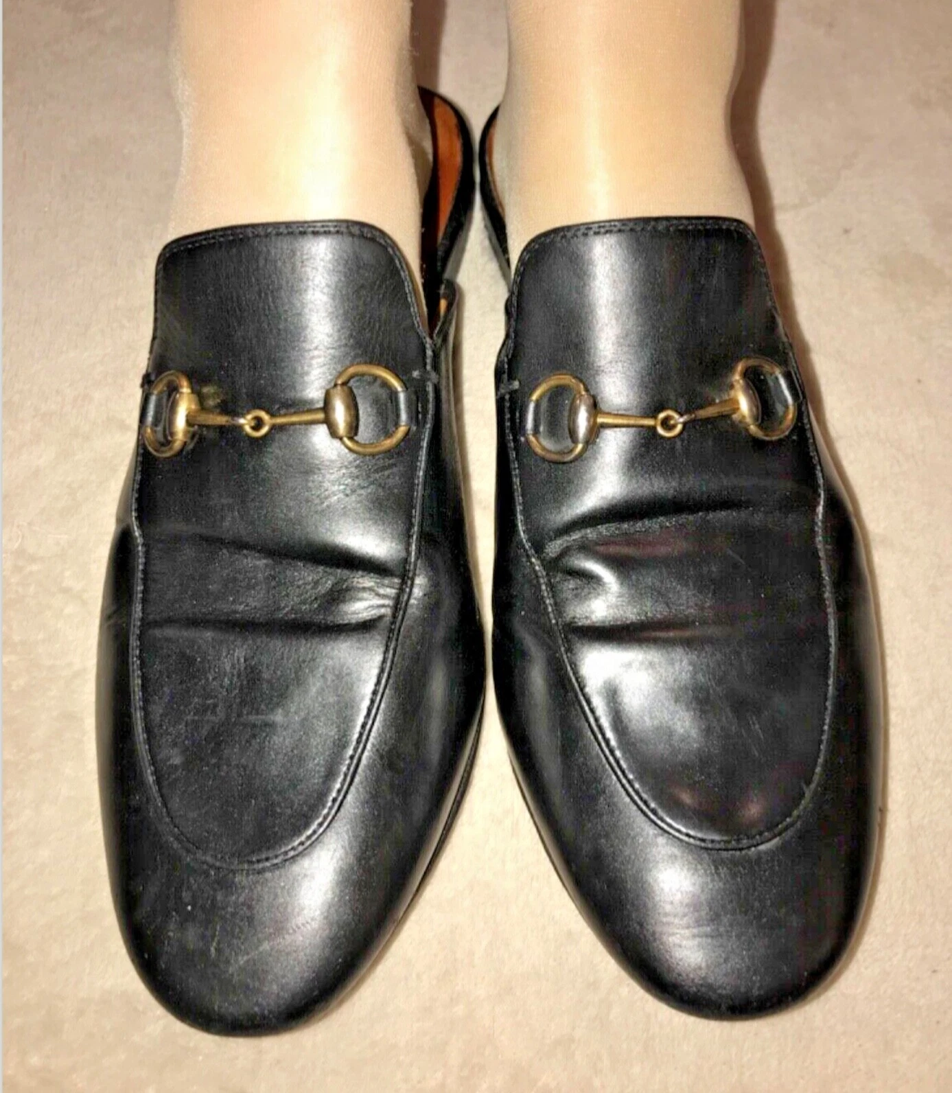 Gucci femme suprême Princetown cuir noir or cheval mors pantoufles plates taille 39