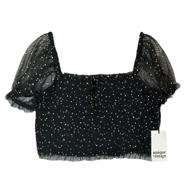 Unique Vintage Crop Top Size XL Black Confetti Puff Sleeve Sheer NWT