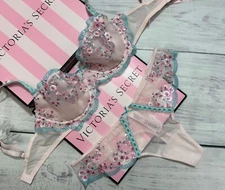 Victoria’s Secret Unlined Set Bra Thong Embroidery Cherry Blossom Balconette