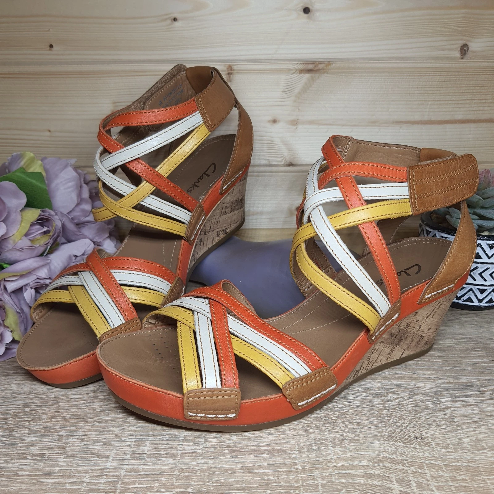 Sandali Clarks Rusty Free morbidi tri pelle sughero zeppa taglia UK 4 D vacanze estive