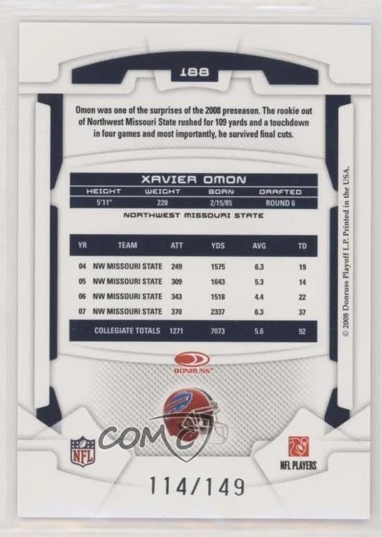 2008 Leaf Rookies & Stars Longevity Rookie Sapphire /149 Xavier Omon #188 RC - Image 2 of 2