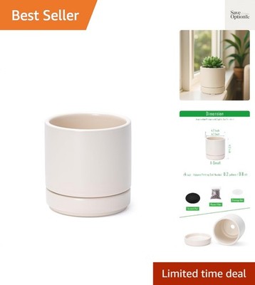 4.7 Inch Ceramic Planter Pot with Drainage Hole and Saucer, Indoor Cylinder R...