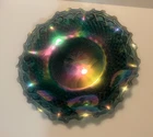 Indiana Glass Vintage Blue Iridescent Carnival Glass Diamond Ruffle Dish Bowl